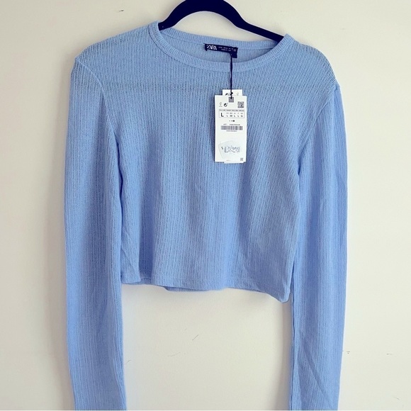 NWT ZARA TEXTURED CROP TOP BLUE Long Sleeves Round Neck Size L - Picture 6 of 6